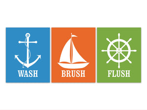 Wash Brush Flush Bathroom Rules CANVAS or PRINTS, Nautical Bathroom Art, Kids Bathroom Decor, Boys Bathroom, Anchor Boat Wheel - BATH194