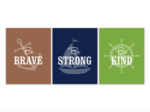 Nautical Kids Wall Art Prints or CANVAS, Be Brave Be Kind Quote, Baby Boys Nursery Decor, Navy Brown Green Kids Bedroom Art - KIDS283