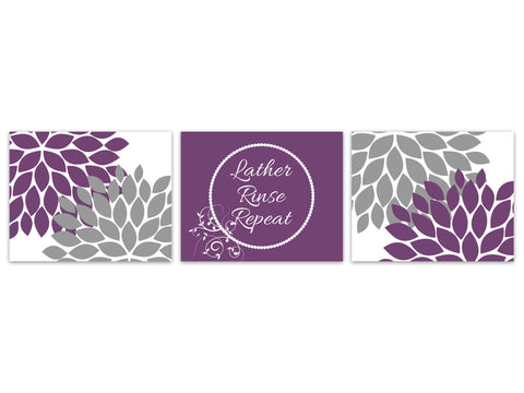 Lather Rinse Repeat CANVAS, Purple Gray Bathroom Decor, Bathroom PRINTS, Floral Bathroom, Set of 3 Purple Bathroom Pictures - BATH239