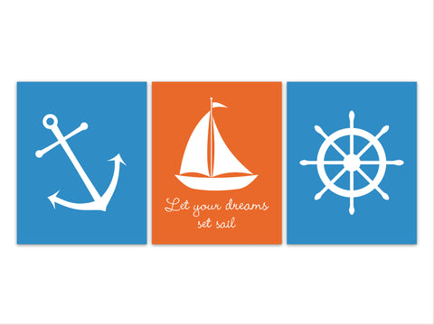 Let Your Dreams Set Sail Quote, Nautical Nursery CANVAS, Kids Wall Art, Blue and Orange Nursery, Nursery Quote Art, Baby Boy Room - KIDS289