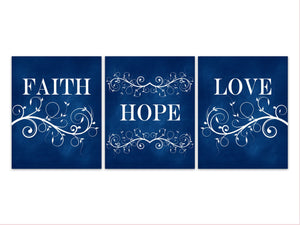 Faith Hope Love Canvas Prints, Blue Home Decor, 1 Corinthians 13:13, Christian Home Decor, Religious Wall Art, Bedroom Decor - HOME302