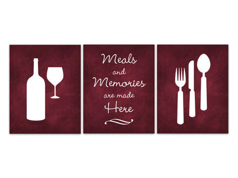 Meals and Memories Are Made Here, Burgundy Kitchen PRINTS, Dining Room CANVAS, Fork and Spoon Art, Kitchen CANVAS, Grunge Wall Art - HOME335
