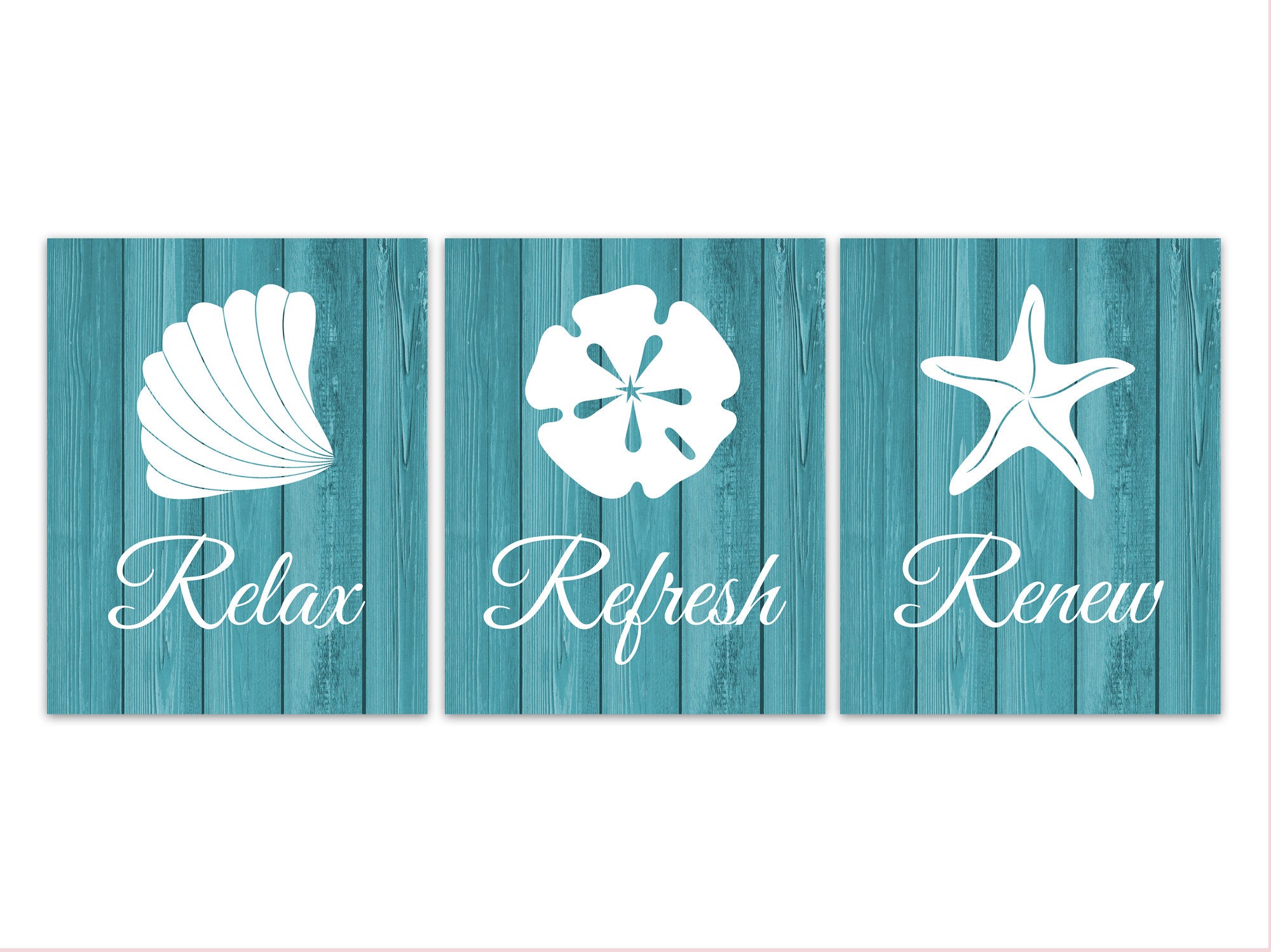 Relax Refresh Renew Teal Bathroom, Rustic Home Decor, Bathroom CANVAS, Sea Shells, Beach House Bathroom, Sand Dollar, Starfish - BATH204