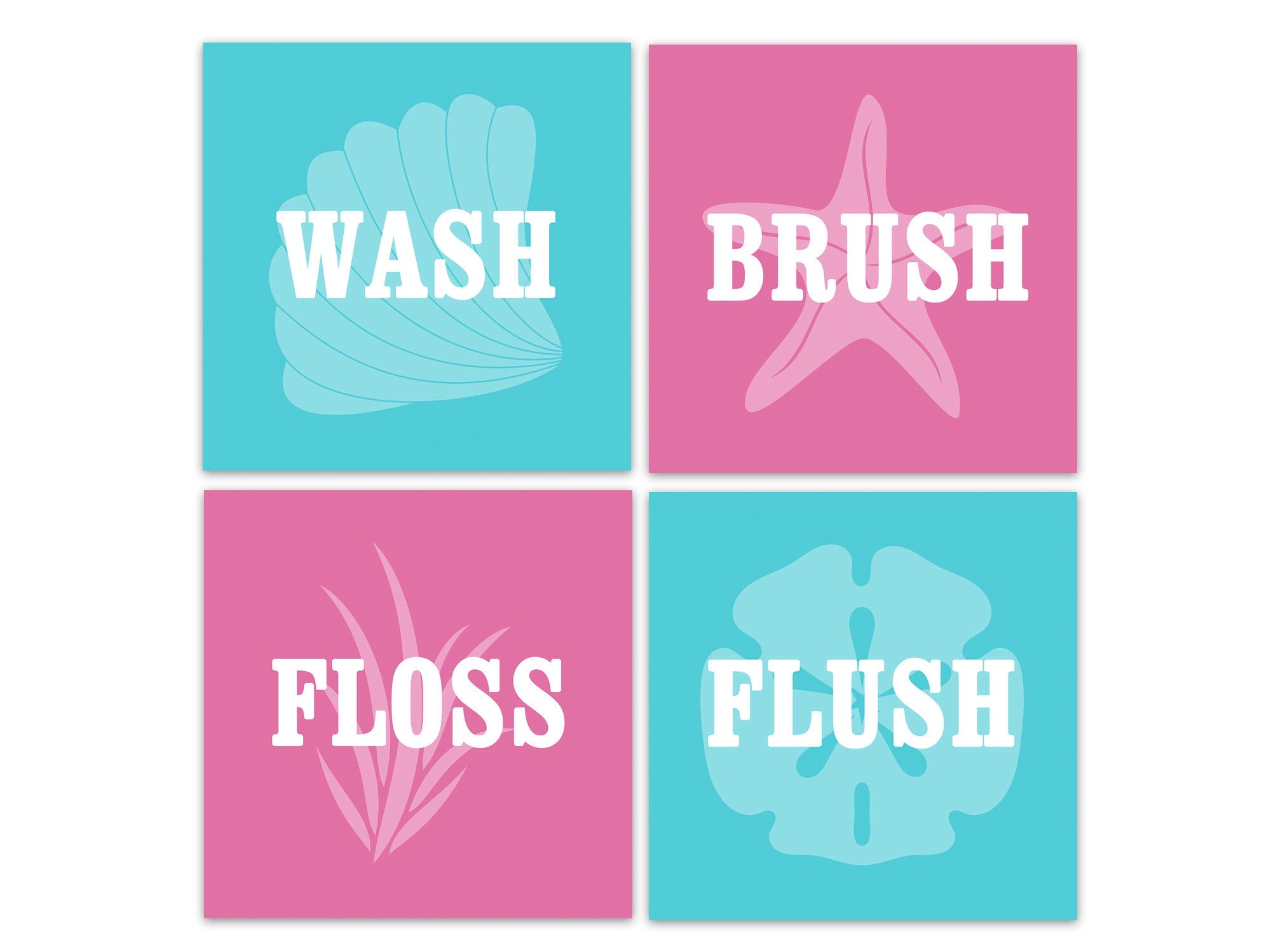 Wash Brush Floss Flush, Set of 4 Girls Bathroom Decor, Pink Aqua Bathroom Rules CANVAS, Girls Ocean Bathroom, Beach House Decor - BATH209