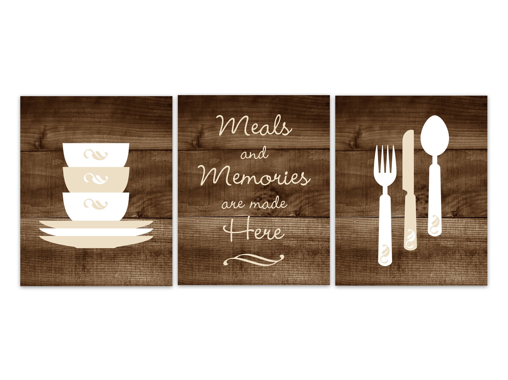 Rustic Kitchen CANVAS or PRINTS, Fork and Spoon Wall Decor, Stacking Bowls, Meals and Memories Are Made Here, Brown Kitchen - HOME339