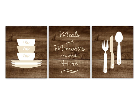 Rustic Kitchen CANVAS or PRINTS, Fork and Spoon Wall Decor, Stacking Bowls, Meals and Memories Are Made Here, Brown Kitchen - HOME339