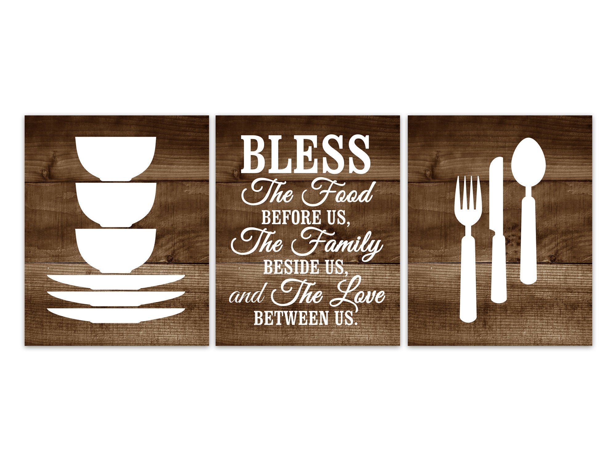 Bless The Food Before Us, Rustic Kitchen Quote Wall Art, Rustic Home Decor CANVAS, Fork and Spoon Wall Decor, Stacking Bowls - HOME343