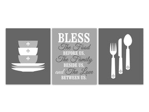 Bless The Food Before Us, Fleur De Lis Kitchen Quote Prints, Modern Home Decor CANVAS, Gray Dining Room Decor, Grey Kitchen Art - HOME345
