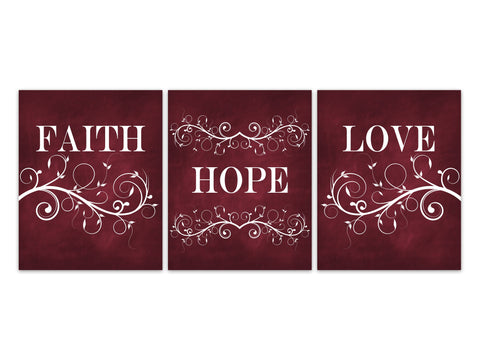 Faith Hope Love Canvas Prints, Burgundy Home Decor, 1 Corinthians 13:13, Christian Home Decor, Religious Wall Art, Bedroom Decor - HOME356