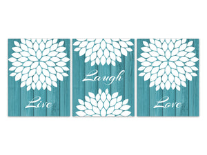 Live Laugh Love Rustic Wall Art Prints or CANVAS, Aqua Farmhouse Decor, Country Home, Living Room Decor, Set of 3 Bedroom Wall Art - HOME359
