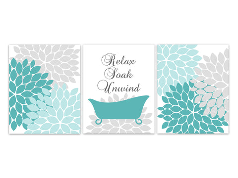 Relax Soak Unwind, Bathroom CANVAS or PRINTS, Aqua Floral Bathroom Decor, Claw Tub Art Prints, Modern Home Decor - BATH250