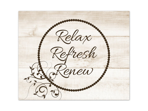 Bathroom Wall Art - Brown Scroll Farmhouse Wreath "Relax Refresh Renew" - BATH216