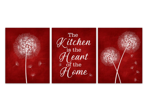 Dandelion Wall Art, Dandelion Kitchen, The Kitchen is The Heart of The Home,  Kitchen Quote Art, Kitchen CANVAS, Red Kitchen Decor - HOME309