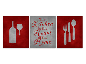 Kitchen CANVAS, Utensils Wall Decor, Gray and Red Kitchen Decor, Rustic Kitchen Pictures, Heart of the Home Kitchen Quotes - HOME318