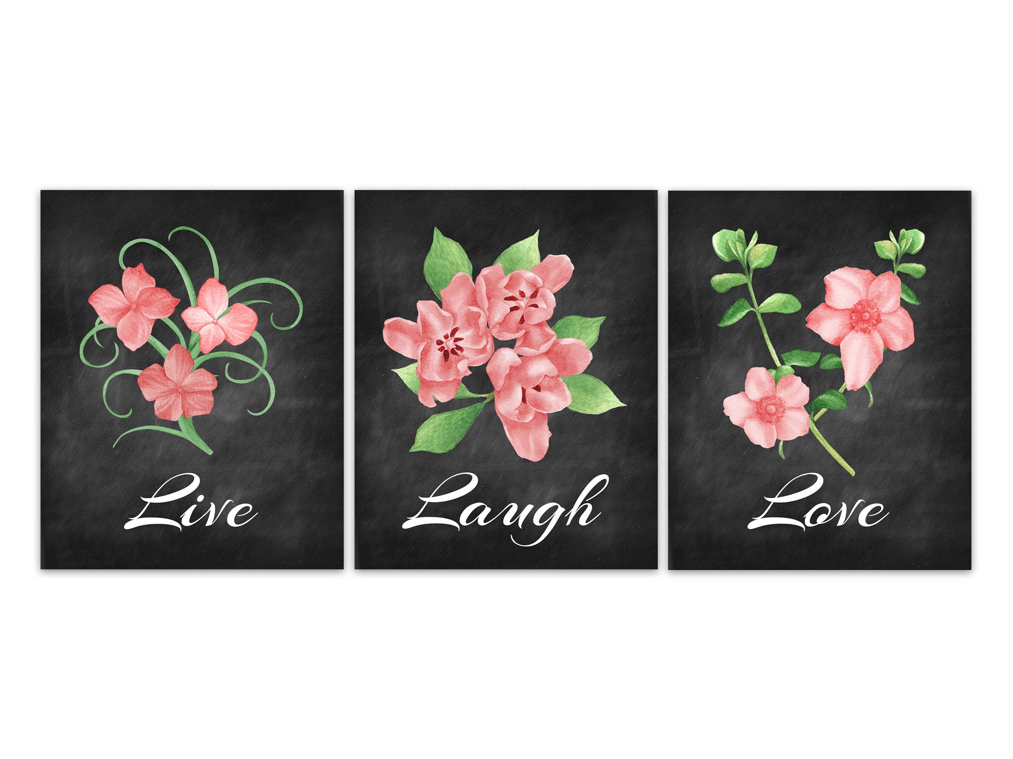Live Laugh Love, Watercolor Floral Wall Art, Set of 3 Chalkboard Floral Artwork, Home Decor Canvas or Prints, Bathroom Wall Art - HOME367
