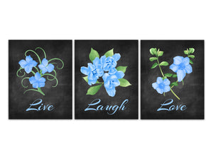 Live Laugh Love, Blue Watercolor Floral Wall Art, Chalkboard Floral Artwork, Home Decor Canvas or Prints, Bedroom Wall Art - HOME369