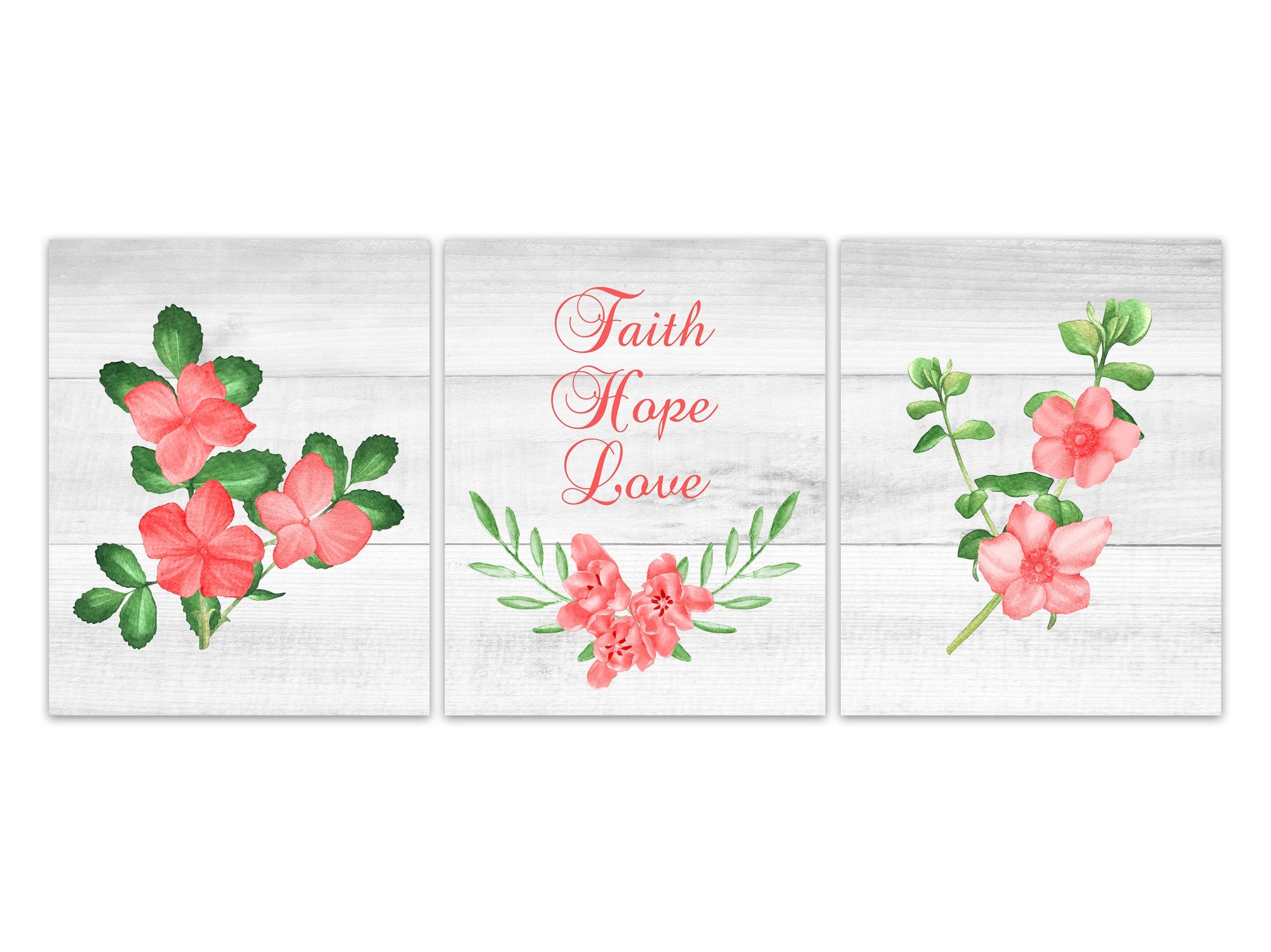 Faith Hope Love CANVAS or PRINTS, Religious Gift, Christian Wall Art, Watercolor Floral Wall Art, Entryway Decor, Farmhouse Decor - HOME374