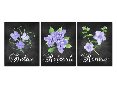 Relax Refresh Renew CANVAS, Watercolor Flower Bouquet, Floral Bathroom Decor, Purple Bathroom Decor, Set of 3 Bath Art Prints - BATH260