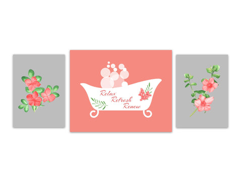 Coral & Gray Watercolor Bouquet Bathroom 3pc Art - Clawfoot Bathtub "Relax Refresh Renew" - BATH262