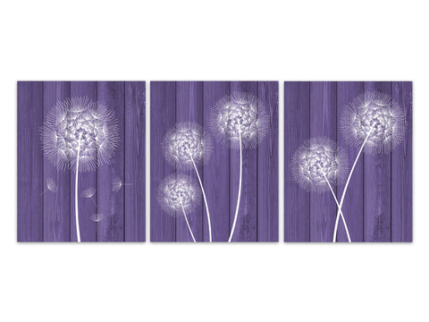 Rustic Home Decor CANVAS, White Dandelion Art, Bathroom Wall Decor, Purple Wood Effect Dandelion Bedroom Decor, Nursery Wall Art - HOME321