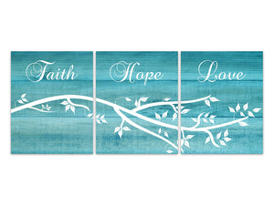 Faith Hope Love Bible Verse CANVAS or Prints, Farmhouse Decor, Rustic Wall Art, Aqua Bedroom Decor, Entryway Decor, Wedding Gift - HOME381