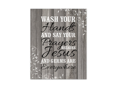 Scroll Bathroom Wall Art - Gray Wood Effect "Wash Your Hands & Say Your Prayers" - BATH268