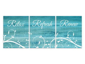 Aqua Bathroom Decor, Relax Refresh Renew, Bedroom Art, Wood Effect Bath Art PRINTS or CANVAS, Set of 3 Country Bathroom Decor - BATH277