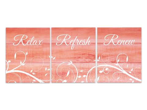 Coral Bathroom Decor, Relax Refresh Renew, Coral Bedroom Art, Wood Effect Bath Art PRINTS or CANVAS, Set of 3 Farmhouse Decor - BATH278