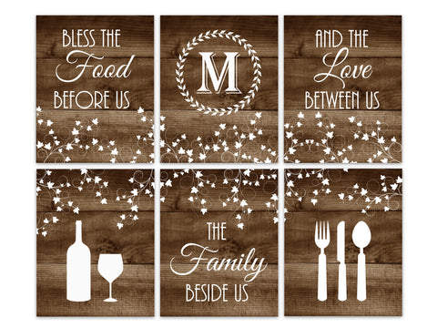 Rustic Brown Kitchen 6pc Art - Monogram, Utensils & Wine - "Bless The Food Before Us" - HOME331