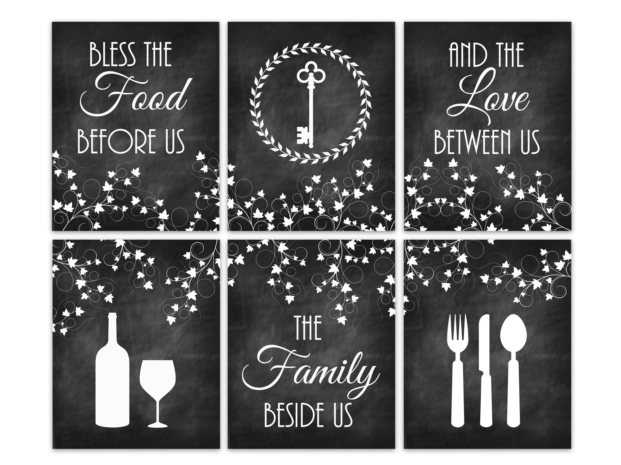 Chalkboard Kitchen 6pc Wall Art - Utensils, Wine & Key - "Bless The Food Before Us" - HOME332