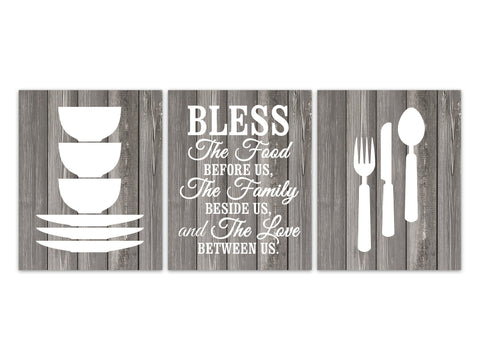Prayer Wall Art, Bless The Food Before Us Kitchen Quote Wall Art, Rustic Dining Room, Fork and Spoon Wall Decor, Stacking Bowls - HOME342