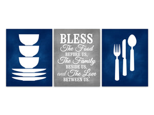 Bless The Food Before Us, Blue Grey Kitchen Quote Prints, Home Decor CANVAS, Blue Dining Room, Fork Knife Spoon, Stacking Bowls - HOME344