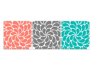 Modern Home Décor - Coral, Aqua & Gray Floral 3pc Square Wall Art - HOME351