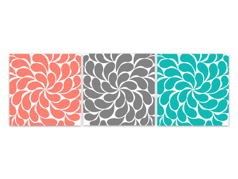 Modern Home Décor - Coral, Aqua & Gray Floral 3pc Square Wall Art - HOME351