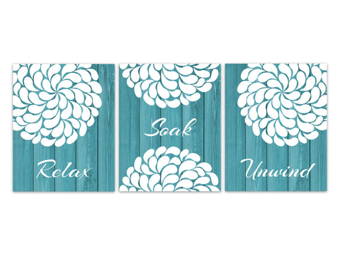 Bathroom CANVAS Wall Art, Relax Soak Unwind, Teal and White Bathroom Decor, Modern Bathroom Art, Wood Effect Bath Art Prints - BATH245