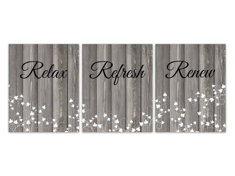 Relax Refresh Renew Bathroom Quote Art Prints, CANVAS, Farmhouse Bathroom Decor, Set of 3 Rustic Bathroom Wall Art, Guest Bathroom - BATH249