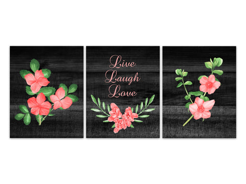 Live Laugh Love, Coral Watercolor Flower Bouquet Art, Chalkboard Floral Artwork, Home Decor Canvas or Prints, Bedroom Wall Art - HOME372