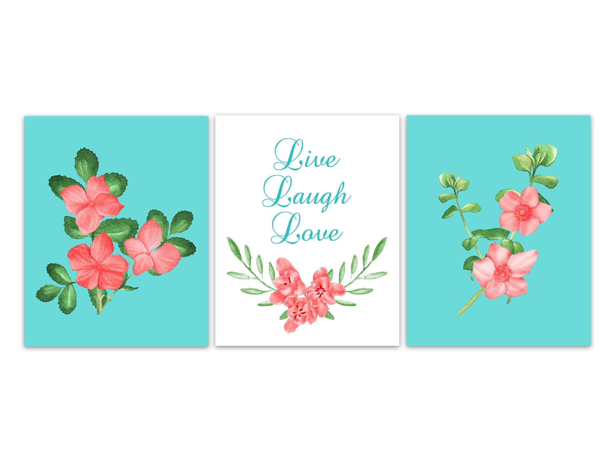 Live Laugh Love CANVAS, Watercolor Flower Bouquet Art, Coral and Turquoise Floral Artwork, Set of 3 Home Decor Canvas or Prints - HOME375