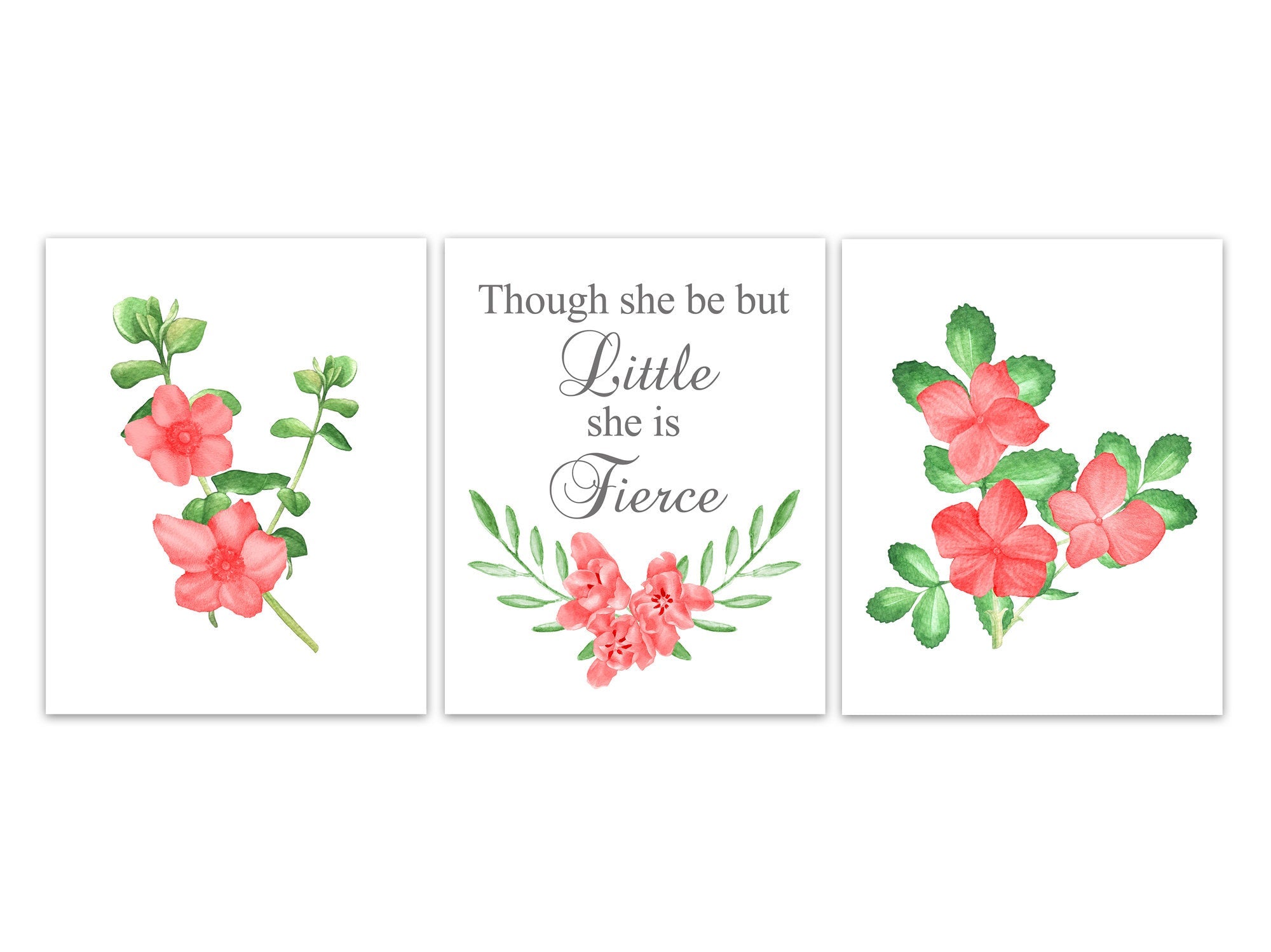 Though She Be But Little She Is Fierce Nursery Quote Art, Coral and Gray Nursery Wall Art, CANVAS Wall Art, Floral Nursery Art - KIDS299