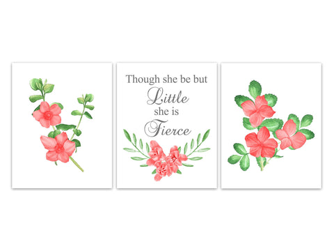 Though She Be But Little She Is Fierce Nursery Quote Art, Coral and Gray Nursery Wall Art, CANVAS Wall Art, Floral Nursery Art - KIDS299