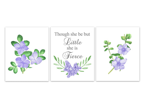 Though She Be But Little She Is Fierce Nursery Quote Art, Lavender Nursery Wall Art, CANVAS Wall Art, Floral Nursery Art - KIDS302