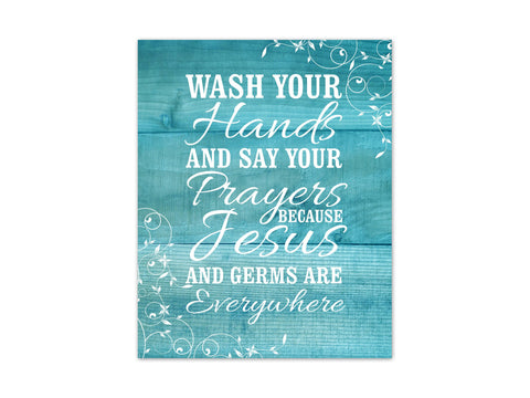 Scroll Bathroom Wall Art - Aqua Wood Effect "Wash Your Hands & Say Your Prayers" - BATH271