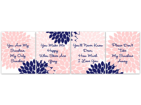 You Are My Sunshine CANVAS or PRINTS Nursery Wall Art, Pink and Navy Nursery, Nursery Quote Art, Baby Girl Modern Nursery Art - KIDS294
