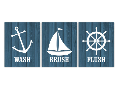 Rustic Blue Nautical Bathroom Rules Pictures, Wash Brush Flush CANVAS or PRINTS, Kids Bathroom Art, Anchor Wheel Boat - BATH282