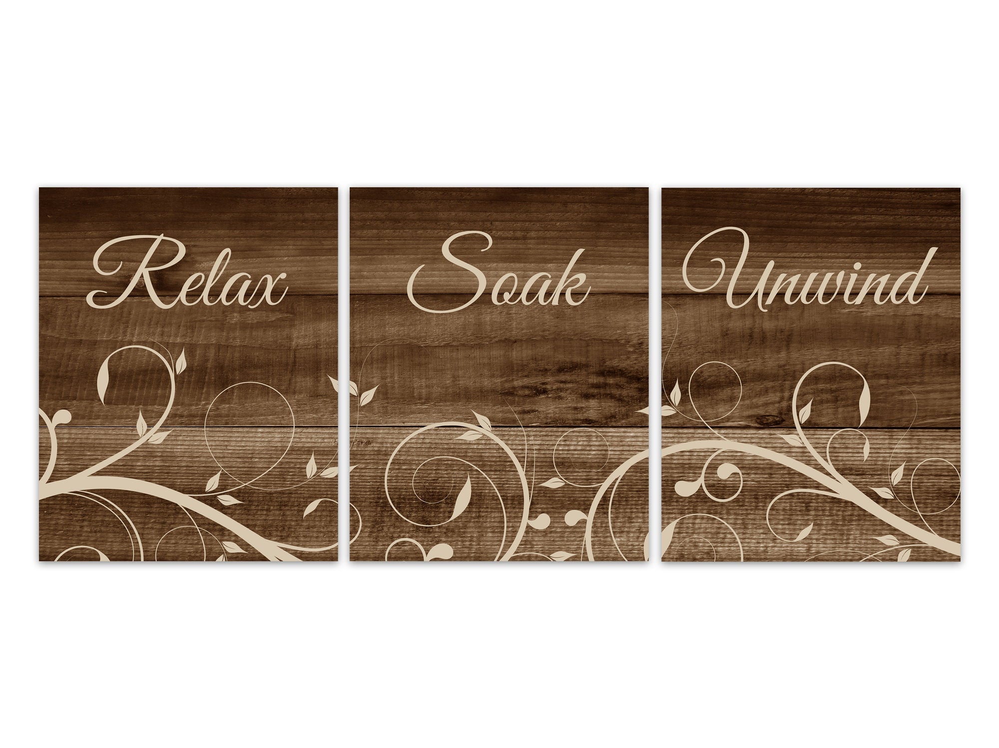 Rustic Brown Bathroom Decor, Relax Soak Unwind, Bathroom Art, Wood Effect Bath Art PRINTS or CANVAS, Set of 3 Bathroom Decor - BATH286