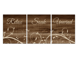 Rustic Brown Bathroom Decor, Relax Soak Unwind, Bathroom Art, Wood Effect Bath Art PRINTS or CANVAS, Set of 3 Bathroom Decor - BATH286