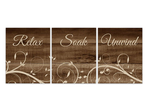 Rustic Brown Bathroom Decor, Relax Soak Unwind, Bathroom Art, Wood Effect Bath Art PRINTS or CANVAS, Set of 3 Bathroom Decor - BATH286