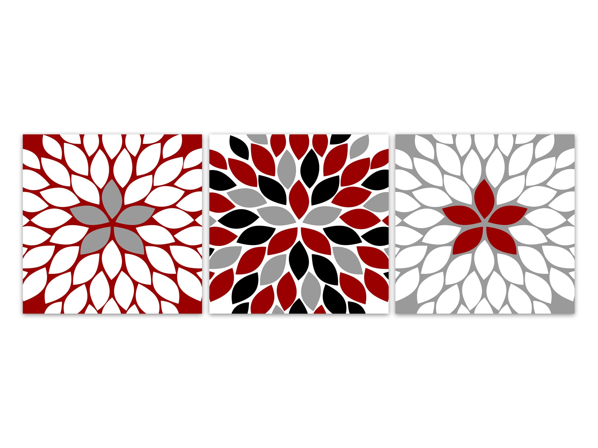Home Décor - Red, Black & Gray Floral Kaleidoscope 3pc Square Wall Art - HOME395