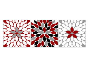 Home Décor - Red, Black & Gray Floral Kaleidoscope 3pc Square Wall Art - HOME395