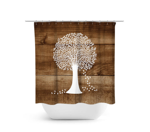 Rustic Brown & White Tree Fabric Shower Curtain - SHOWER3